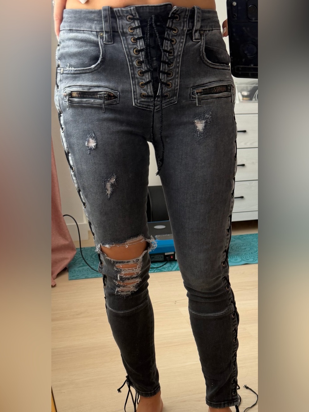 Women's Distressed Lace-Up Dark Grey Jeans